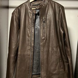 John Varvatos, brown leather jacket.